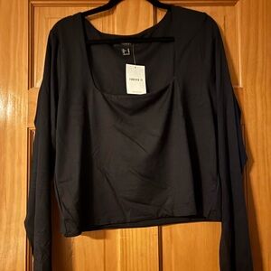 Forever 21 Cropped Square Neck Black Long Sleeve Top